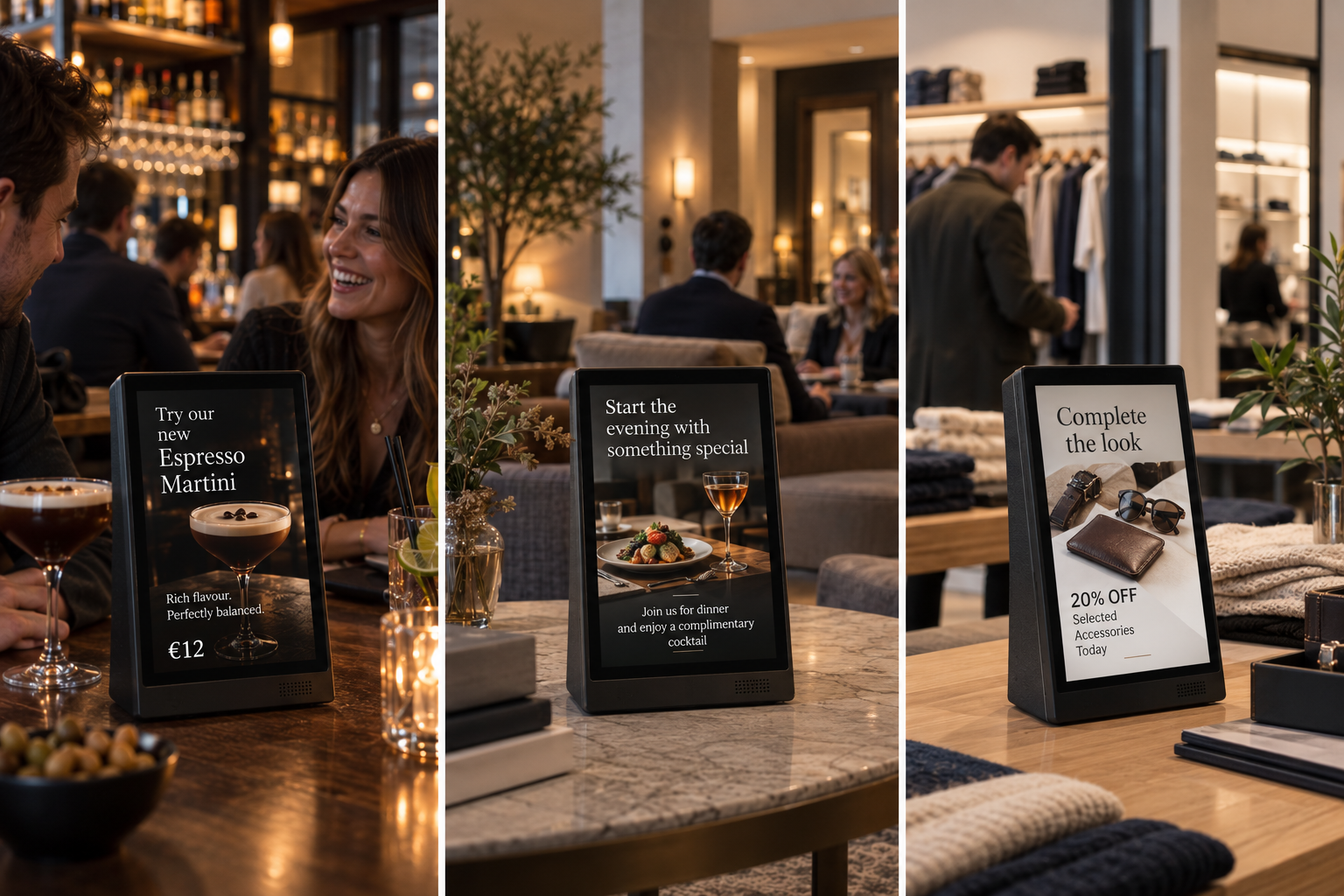 Digital table tents in a bar, restaurant and retail space
