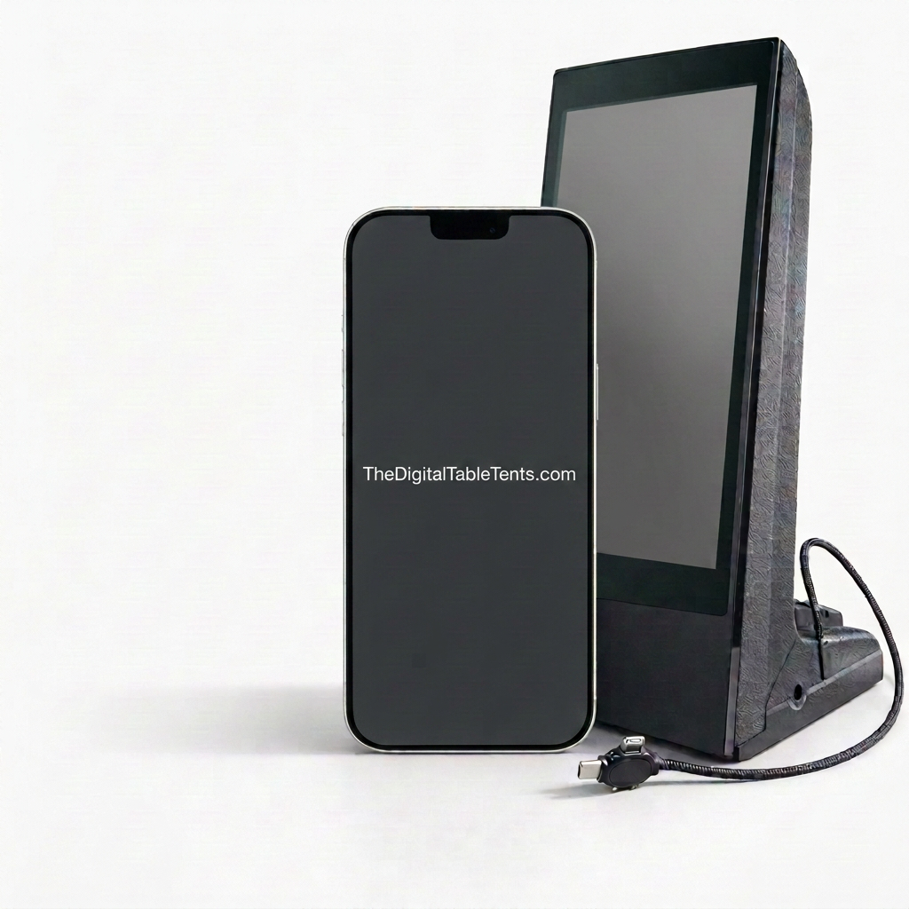 TheDigitalTableTents tabletop display device beside the mobile app